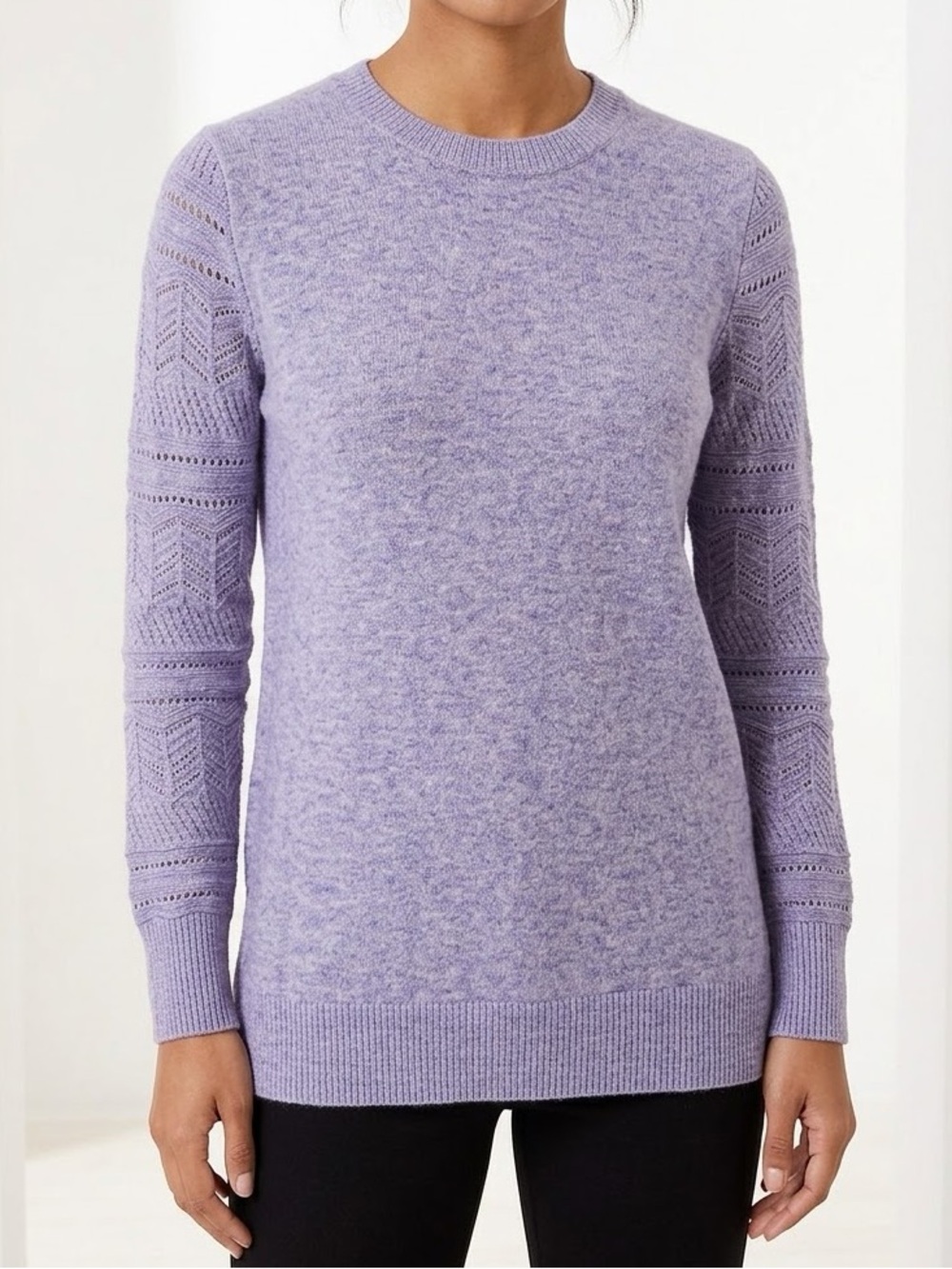 LOFT Pointelle Chevron Sleeve Crewneck Heather Lilac Pullover Wool Blend Sweater